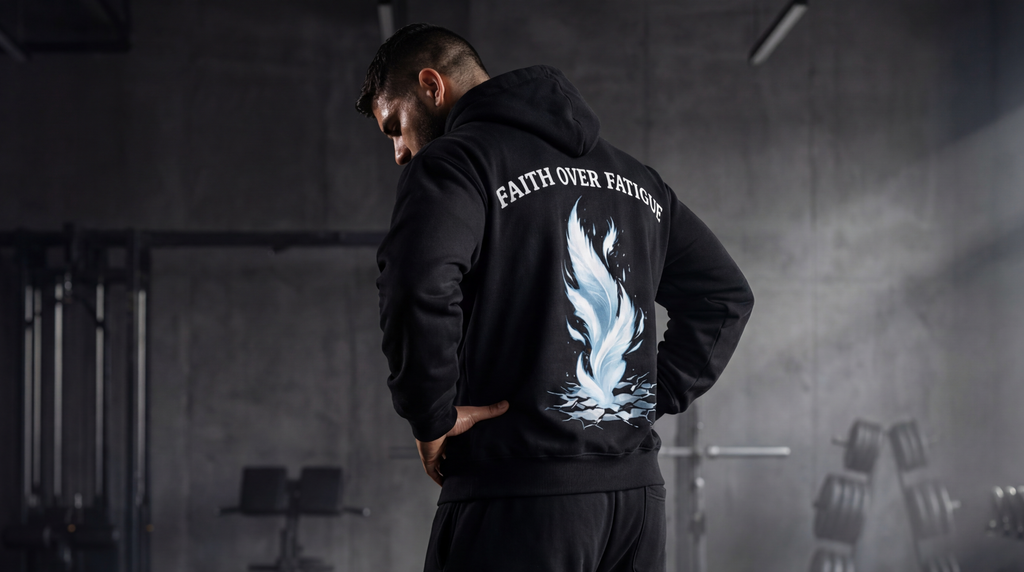 Person wearing a black hoodie and pants with a logo and text in a gym setting